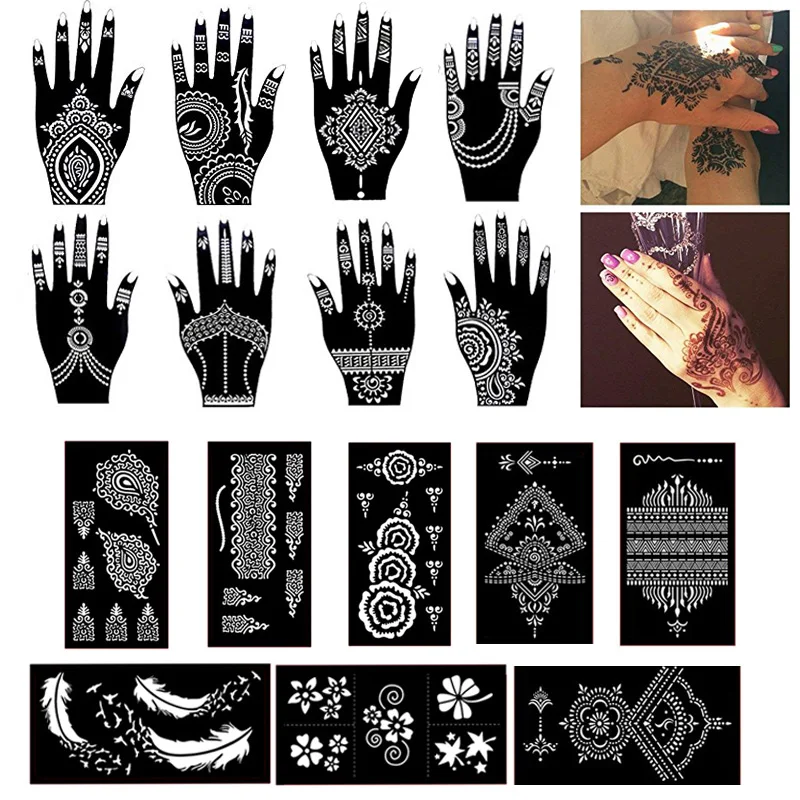 16 Листа Шаблони Татуировка С Къна За Лъскава Временни Татуировки Черни Менди Индийски Арабски Самозалепващи Шаблони За Рисуване