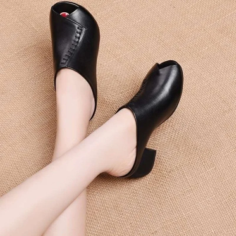 2022 Лятна Нова Дамски обувки за майки с Рибено уста на дебелите ток, обикновен женски Удобни сандали и чехли на висок ток
