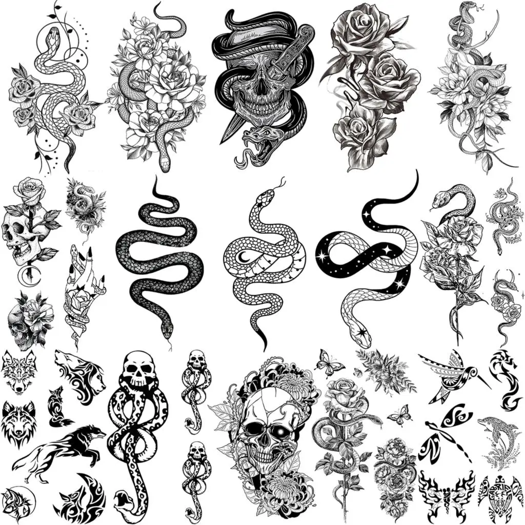 3D Реалистична Змия Луната Временни Татуировки За Жени, Възрастни Мъже, Деца Розата е Цветето на Черепа на Вълк Фалшива Татуировка на Шията, Ръцете, Ръцете-Малка Татуировка