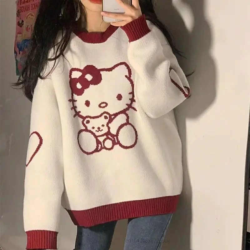 Sanrio Пуловер Hello Kitty Gril Есенни Пуловер С Кръгло деколте, Свободно Топ, Женски Модерен Пуловер с Дълъг Ръкав