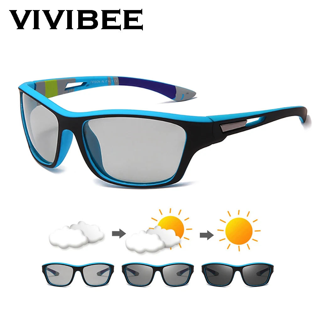 VIVIBEE Мъжки Фотохромичните Слънчеви Очила, Спортни Мат СинеЧерная Дограма Поляризирани Променя Цвета Очила с UV400
