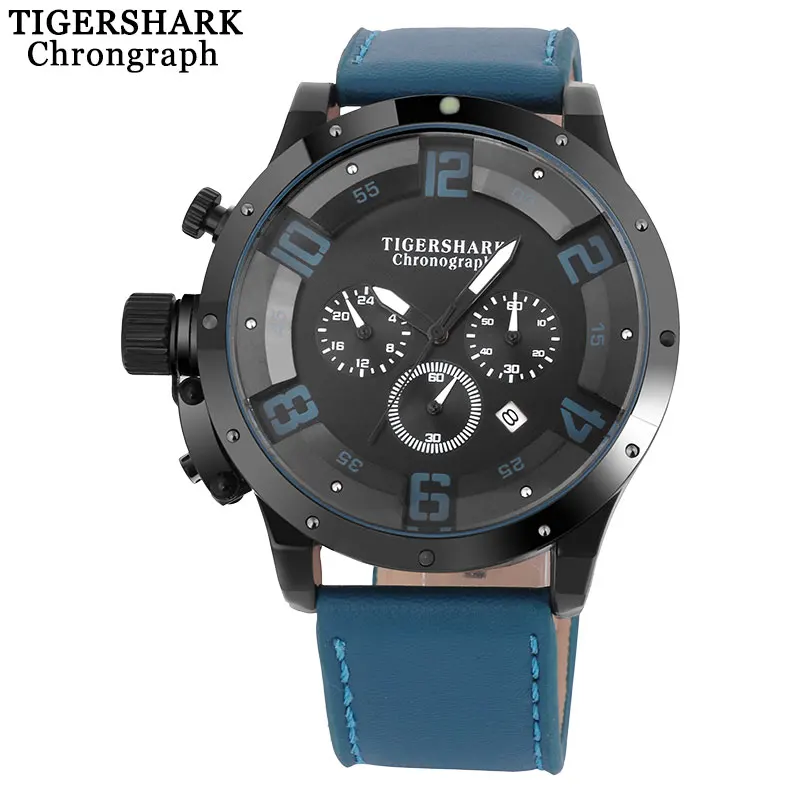 мъжки спортни часовници TIGERSHARK, маркови мъжки кварцов часовник, хронограф, кожена каишка, водоустойчив ръчен часовник с кутия, Relogio Masculino